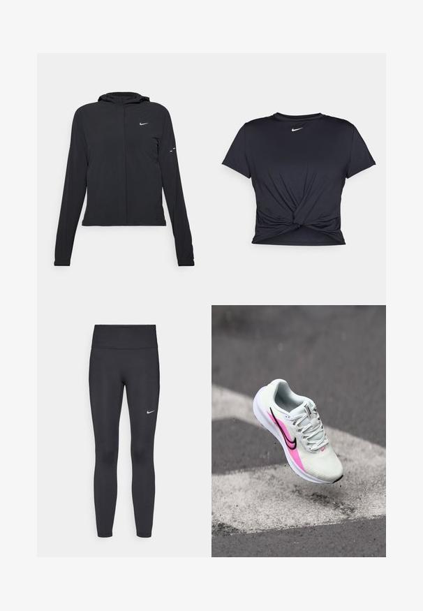 Schwarze Kapuzenjacke mit langen Ärmeln, aus leichtem Material gefertigt. Sie hat einen vorderen Reißverschluss, ein Nike-Logo und dezente Designelemente.; Schwarzes Sport-T-Shirt aus glattem Stoff, mit einem geknoteten Vorderdesign und einem kleinen weißen Nike-Logo auf der Brust.; Schwarze Leggings aus elastischem Stoff, mit einem hohen Bund und einem weißen Nike-Logo auf dem linken Oberschenkel. Glatte Textur, figurbetontes Design.; Leichte Laufschuhe aus weißem Mesh mit pinken und schwarzen Akzenten, erhöhtem Absatz und strukturiertem Sohlen, in der Luft über dem Bürgersteig positioniert.