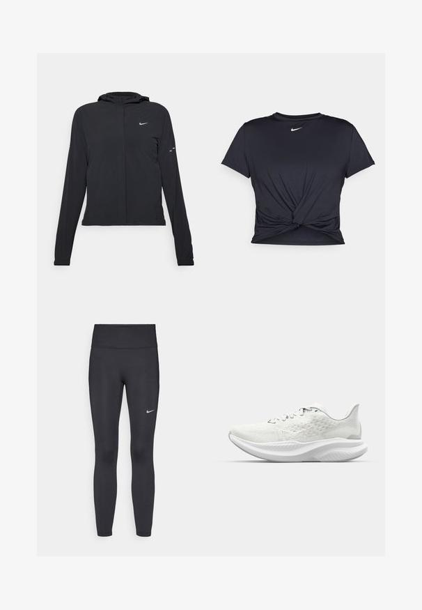 Mustassa hupparissa on pitkät hihat, ja se on valmistettu kevyestä materiaalista. Siinä on edessä vetoketju, Nike-logo ja hillityt muotoiluyksityiskohdat.; Musta urheilu T-paita, joka on valmistettu sileästä kankaasta, jossa on solmittu etuosa ja pieni valkoinen Nike-logo rinnassa.; Mustat leggingsit joustavasta kankaasta, joissa on korkea vyötärö ja valkoinen Nike-logo vasemmassa reidessä. Sileä pinta, muotoaan myötäilevä suunnittelu.; Valkoiset urheilukengät, joissa on tekstuuripinta, nauhakiristys ja pehmustettu pohja, jonka muotoilu on aaltoileva. Huomaamaton brändäys sivulla.