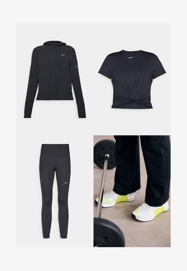 Fekete kapucnis dzseki hosszú ujjakkal, könnyű anyagból készült. Elülső cipzárral, Nike logóval és diszkrét dizájn elemekkel rendelkezik.; Fekete sportpóló sima anyagból, elöl megkötős dizájnnal, a mellkason egy kis fehér Nike logóval.; Fekete leggings elasztikus anyagból, magas derékkal és fehér Nike logóval a bal combon. Simább textúra, testhez álló kialakítás.; Nike Performance METCON 9 - Edzőcipő - white/volt cyber/summit white/black