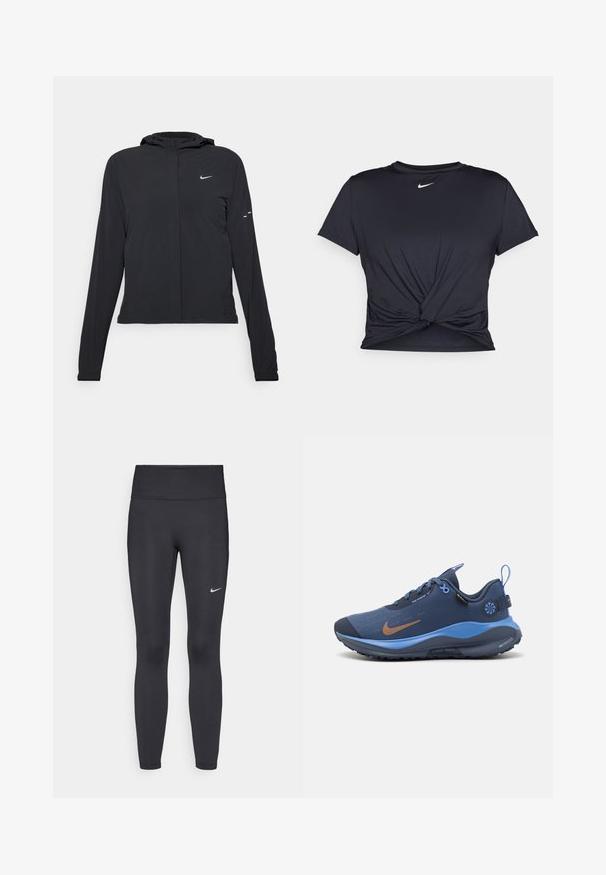 Sort hættetrøje med lange ærmer, lavet af letvægtsmateriale. Har en frontlynlås, et Nike-logo og subtile designaccenter.; Sort atletisk t-shirt lavet af glat stof, med et knyttet frontdesign og et lille hvidt Nike-logo på brystet.; Sorte leggings lavet af strækbart stof, med en høj talje og et hvidt Nike-logo på venstre lår. Glat tekstur, tætsiddende design.; Blå atletisk sko med en glat, tekstureret overdel, der har et brunt Nike-logo og kontrasterende lyseblå accenter. Gummisål med greb detaljer.