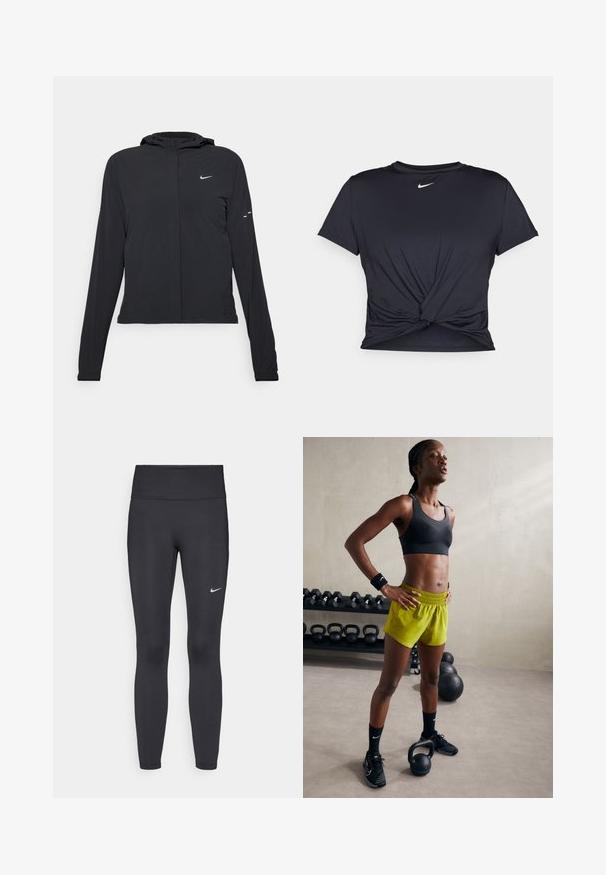Zwarte kaptrui met lange mouwen, gemaakt van lichtgewicht materiaal. Voorzien van een ritssluiting aan de voorkant, een Nike-logo en subtiele ontwerpelementen.; Zwarte sportieve T-shirt van gladde stof, met een geknoopt ontwerp aan de voorkant en een klein wit Nike-logo op de borst.; Zwarte legging van rekbare stof met een hoge tailleband en een wit Nike-logo op de linkerdij. Gladde textuur, aansluitend ontwerp.; Zwarte sportbeha, felgele shorts met een elastische tailleband, zwarte sportschoenen en polsbanden, staande naast kettlebells.