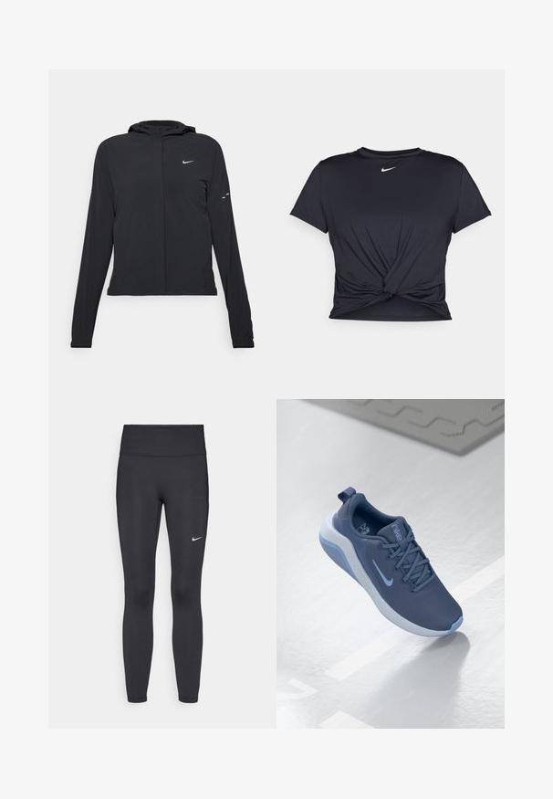Casaco preto com capuz e mangas longas, feito de material leve. Apresenta um fecho dourado na frente, um logótipo da Nike e detalhes de design subtis.; T-shirt atlético preto feito de tecido liso, apresentando um design frontal com nó e um pequeno logótipo branco da Nike no peito.; Leggings pretos feitos de tecido elástico, com uma cintura alta e um logo branco da Nike na coxa esquerda. Textura suave, design ajustado ao corpo.; Sapata atlética azul escura com parte superior em malha texturizada, atacadores e detalhes em azul claro. Apresenta uma sola acolchoada e uma alça na traseira para fácil colocação.