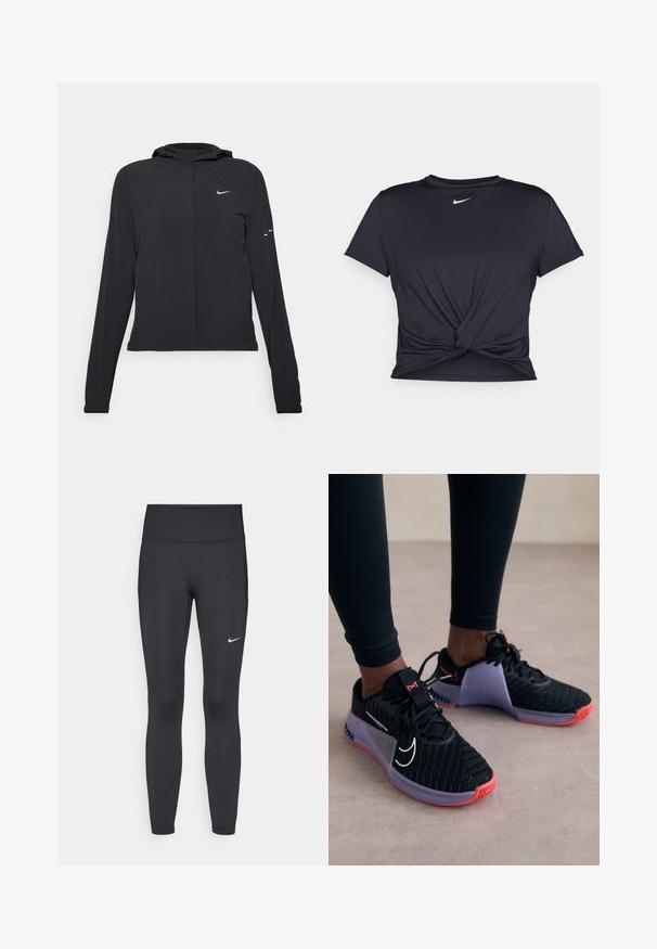 Black hooded jacket with long sleeves, made from lightweight material. Features a front zipper, a Nike logo, and subtle design accents.; Black athletic t-shirt made of smooth fabric, featuring a knotted front design and a small white Nike logo on the chest.; Black leggings made of stretchy fabric, featuring a high waistband and a white Nike logo on the left thigh. Smooth texture, form-fitting design.; Nike Performance METCON 9 - Training shoe - black/metallic silver/lilac bloom/barely grape/daybreak/bright crimson