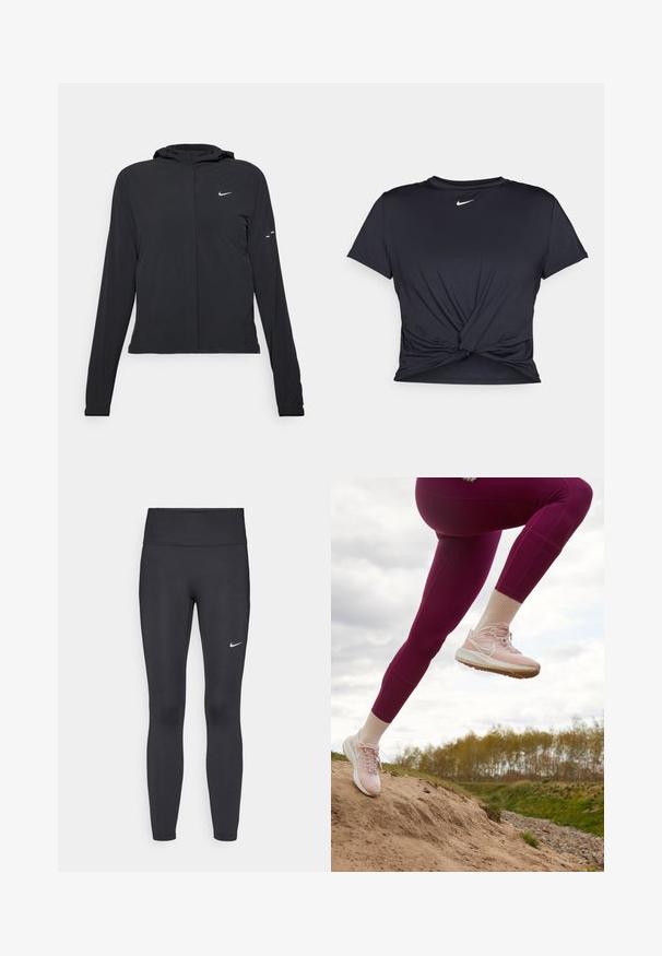 Mustassa hupparissa on pitkät hihat, ja se on valmistettu kevyestä materiaalista. Siinä on edessä vetoketju, Nike-logo ja hillityt muotoiluyksityiskohdat.; Musta urheilu T-paita, joka on valmistettu sileästä kankaasta, jossa on solmittu etuosa ja pieni valkoinen Nike-logo rinnassa.; Mustat leggingsit joustavasta kankaasta, joissa on korkea vyötärö ja valkoinen Nike-logo vasemmassa reidessä. Sileä pinta, muotoaan myötäilevä suunnittelu.; Nike Performance AIR ZOOM PEGASUS 39 - Katujuoksukengät - pink oxford/summit white/light soft pink/champagne/atmosphere/rose whisper