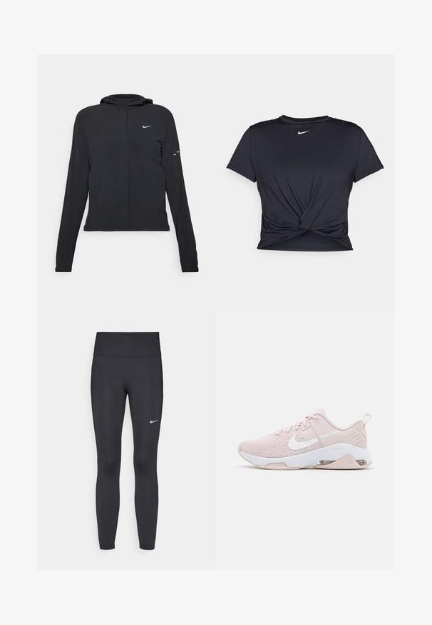 Sort hættetrøje med lange ærmer, lavet af letvægtsmateriale. Har en frontlynlås, et Nike-logo og subtile designaccenter.; Sort atletisk t-shirt lavet af glat stof, med et knyttet frontdesign og et lille hvidt Nike-logo på brystet.; Sorte leggings lavet af strækbart stof, med en høj talje og et hvidt Nike-logo på venstre lår. Glat tekstur, tætsiddende design.; Lyst rosa athletic sko med mesh-overdel, hvide accenter, en polstret sål og synlig air-enhed detalje ved hælen.