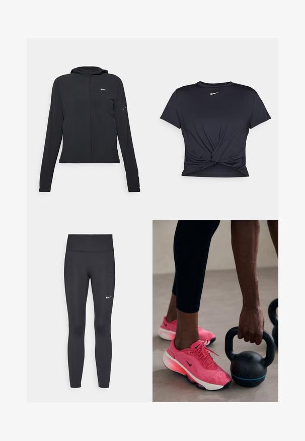 Casaco preto com capuz e mangas longas, feito de material leve. Apresenta um fecho dourado na frente, um logótipo da Nike e detalhes de design subtis.; T-shirt atlético preto feito de tecido liso, apresentando um design frontal com nó e um pequeno logótipo branco da Nike no peito.; Leggings pretos feitos de tecido elástico, com uma cintura alta e um logo branco da Nike na coxa esquerda. Textura suave, design ajustado ao corpo.; Tênis de atletismo rosa da Nike com parte superior texturizada e sola branca, combinados com leggings pretas, segurando um kettlebell preto com um detalhe azul.