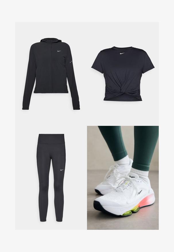 Melnā kapuci jaka ar garām piedurknēm, izgatavota no viegla materiāla. Tam ir priekšējais rāvējslēdzis, Nike logo un smalki dizaina akcenti.; Melna sporta t-kreklu ar gludu audumu, ar mezglošanas priekšpusi un mazu baltu Nike logotipu uz krūšu daļas.; Melnas legingi, izgatavoti no elastīga auduma, ar augstu jostu un baltu Nike logotipu kreisajā augšstilbā. Gluda tekstūra, piegulošs dizains.; Nike Performance VERSAIR - Treniņkurpes - white/cyber volt/black