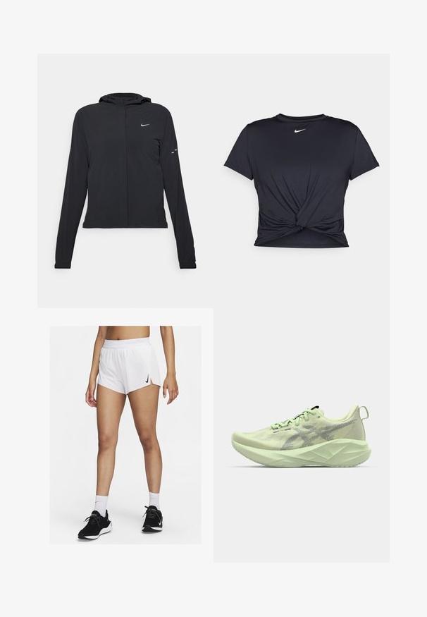 Crna jakna s kapuljačom i dugim rukavima, izrađena od laganog materijala. Ima prednji patentni zatvarač, Nike logo i suptilne dizajnerske detalje.; Crni trenirac s kratkim rukavima izrađen od glatkog materijala, s čvorastim dizajnom sprijeda i malim bijelim Nike logotipom na prsima.; Bijele sportske kratke hlače s rebrastim pojasom, bočnim prorezima i crnim logotipom Nike. Nošene s crnim tenisicama i bijelim čarapama do sredine lista.; Svijetlozeleni atletski tenisice s mrežastim gornjim dijelom, teksturiranim detaljima i debelim, kutnim potplatom za poboljšano ublažavanje i potporu.