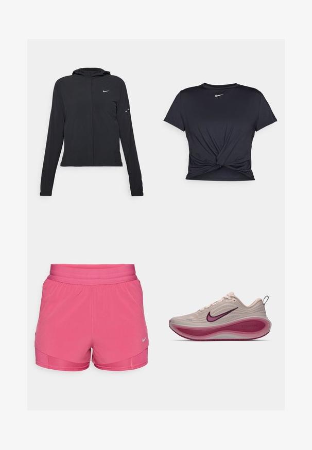 Crna jakna s kapuljačom i dugim rukavima, izrađena od laganog materijala. Ima prednji patentni zatvarač, Nike logo i suptilne dizajnerske detalje.; Crni trenirac s kratkim rukavima izrađen od glatkog materijala, s čvorastim dizajnom sprijeda i malim bijelim Nike logotipom na prsima.; Roze atletske kratke hlače s glatkom teksturom, elastičnim pojasom i slojevitim dizajnom. Imaju reflektirajući Nike logo na donjoj lijevoj strani.; Nike ZoomX trkaća cipela u svijetlosmeđoj boji s teksturiranim gornjim dijelom, zakrivljenom ružičastom srednjom potplatnom i ljubičastim akcentima na logotipu i potplatu.