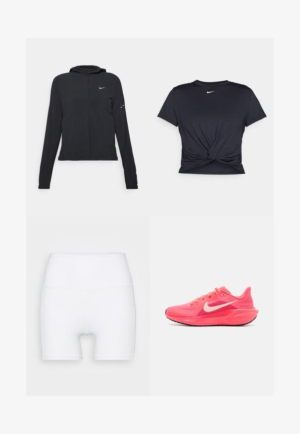 Must musta kapuutsiga jakk, millel on pikad varrukad ja mis on valmistatud kergetest materjalidest. Omab esitaskut, Nike logo ja kergelt silmatorkavaid disainiaktsente.; Mustmust musta sportlik T-särk, mis on valmistatud sujuvast kangast, millel on sõlmega esikülg ja väike valge Nike logo rinnal.; Valged kõrge vöökohaga lühikesed püksid, mis on valmistatud venivast kangast. Omab siledat tekstuuri ja mugavat lõiget, ilma lisamustrideta või -detailideta.; Nike Performance AIR ZOOM PEGASUS 41 - Maanteejooksu jalatsid - pink