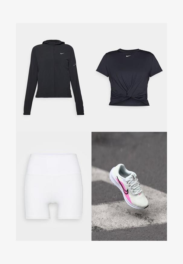 Veste à capuche noire avec des manches longues, fabriquée en matériau léger. Elle comporte une fermeture éclair à l'avant, un logo Nike et des accents de design subtils.; T-shirt de sport noir en tissu lisse, avec un design avant noué et un petit logo Nike blanc sur la poitrine.; Shorts blancs taille haute en tissu extensible. Fabriqués avec une texture lisse et un design ajusté, sans motifs ni accessoires supplémentaires.; Chaussure de course légère en maille blanche, avec des accents roses et noirs, talon surélevé et semelle texturée, positionnée en l'air au-dessus du pavé.