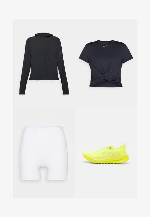 Black hooded jacket with long sleeves, made from lightweight material. Features a front zipper, a Nike logo, and subtle design accents.; Black athletic t-shirt made of smooth fabric, featuring a knotted front design and a small white Nike logo on the chest.; White high-waisted shorts made from stretch fabric. Features a smooth texture and fitted design, with no additional patterns or hardware.; Neon yellow running shoes featuring a textured mesh upper, cushioned sole, and looped heel tab for easy wear.