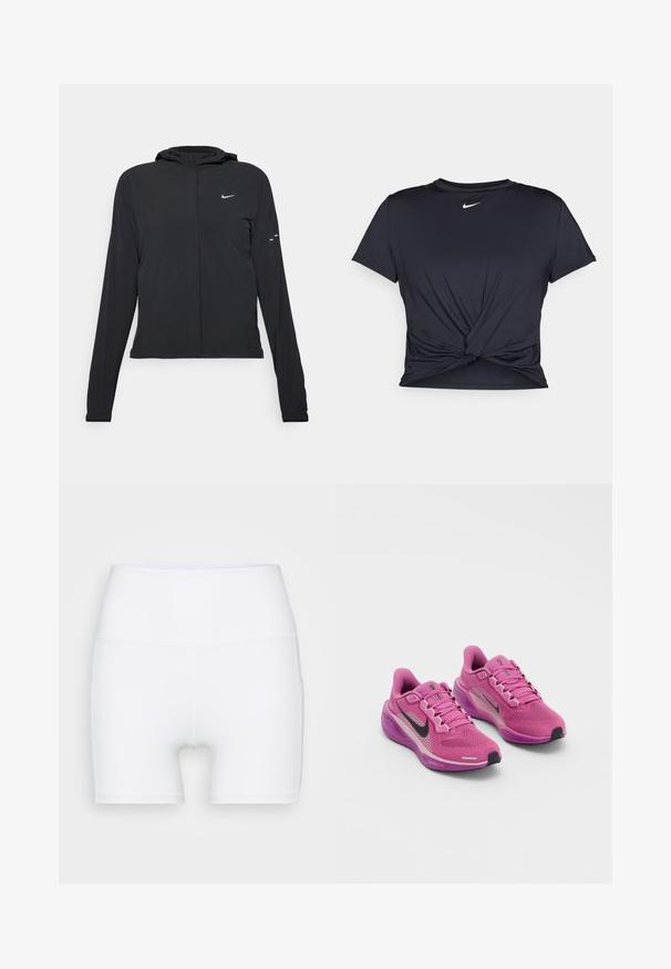 Must musta kapuutsiga jakk, millel on pikad varrukad ja mis on valmistatud kergetest materjalidest. Omab esitaskut, Nike logo ja kergelt silmatorkavaid disainiaktsente.; Mustmust musta sportlik T-särk, mis on valmistatud sujuvast kangast, millel on sõlmega esikülg ja väike valge Nike logo rinnal.; Valged kõrge vöökohaga lühikesed püksid, mis on valmistatud venivast kangast. Omab siledat tekstuuri ja mugavat lõiget, ilma lisamustrideta või -detailideta.; Roosa sportlikud jalanõud, millel on võrgusilma ülemine osa, must Nike'i logo, pehmendatud krae ja polsterdatud tallad. Omab peegeldavaid aktsente ja paelu.