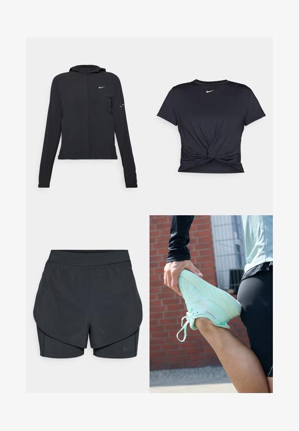Veste à capuche noire avec des manches longues, fabriquée en matériau léger. Elle comporte une fermeture éclair à l'avant, un logo Nike et des accents de design subtils.; T-shirt de sport noir en tissu lisse, avec un design avant noué et un petit logo Nike blanc sur la poitrine.; Shorts de sport noirs avec un design superposé, présentant une couche extérieure lisse et des shorts intérieurs ajustés. Fabriqués en tissu léger et extensible.; ASICS GEL-NIMBUS 26 - Chaussures de running sur route - mint tint/pale mint