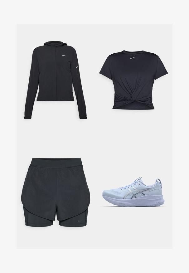 Mustassa hupparissa on pitkät hihat, ja se on valmistettu kevyestä materiaalista. Siinä on edessä vetoketju, Nike-logo ja hillityt muotoiluyksityiskohdat.; Musta urheilu T-paita, joka on valmistettu sileästä kankaasta, jossa on solmittu etuosa ja pieni valkoinen Nike-logo rinnassa.; Mustat urheilushortsit kerroksellisella designilla, joissa on sileä ulkopinta ja tiukasti istuvat sisäshortsit. Valmistettu kevyestä, joustavasta kankaasta.; Vaaleansininen juoksukenkä, jossa on verkkomateriaali yläosassa, heijastavat hopeiset yksityiskohdat, pehmustettu pohja ja teksturoitu kumipohja pidon parantamiseksi.