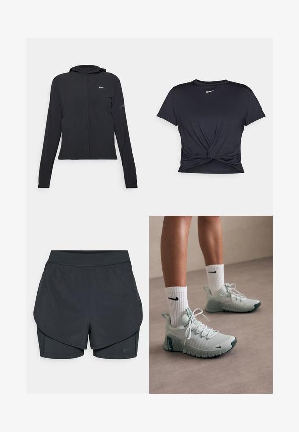 Czarna kurtka z kapturem, z długimi rękawami, wykonana z lekkiego materiału. Posiada zamek błyskawiczny z przodu, logo Nike oraz subtelne akcenty wzornicze.; Czarna sportowa koszulka z gładkiego materiału, z wiązanym przodem i małym białym logo Nike na piersi.; Czarne spodenki sportowe z warstwowym krojem, z gładką zewnętrzną warstwą i dopasowanymi wewnętrznymi spodniami. Wykonane z lekkiej, elastycznej tkaniny.; Jasnoszare buty sportowe z teksturowanej tkaniny, białe sznurówki i zielona podeszwa. Połączone z białymi skarpetami z prążkami z czarnym logo.