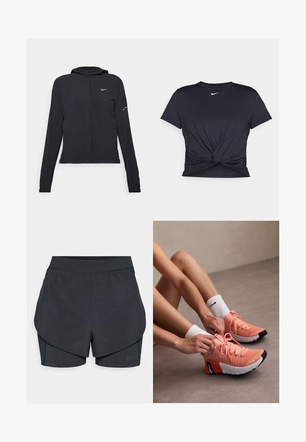 Giacca nera con cappuccio e maniche lunghe, realizzata in materiale leggero. Presenta una zip frontale, il logo Nike e accenti di design sottili.; Maglietta atletica nera realizzata in tessuto liscio, con un design anteriore annodato e un piccolo logo Nike bianco sul petto.; Shorts sportivi neri con un design a strati, caratterizzati da uno strato esterno morbido e da pantaloni interni aderenti. Realizzati in tessuto leggero e elasticizzato.; Scarpe da atletica leggere di colore rosa con tessuto testurizzato, lacci prominenti e suole in gomma. Completate da un dettagli di logo nero e bianco a contrasto.