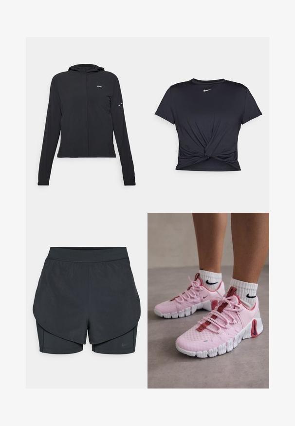 Mustassa hupparissa on pitkät hihat, ja se on valmistettu kevyestä materiaalista. Siinä on edessä vetoketju, Nike-logo ja hillityt muotoiluyksityiskohdat.; Musta urheilu T-paita, joka on valmistettu sileästä kankaasta, jossa on solmittu etuosa ja pieni valkoinen Nike-logo rinnassa.; Mustat urheilushortsit kerroksellisella designilla, joissa on sileä ulkopinta ja tiukasti istuvat sisäshortsit. Valmistettu kevyestä, joustavasta kankaasta.; Vaaleanpunaiset lenkkarit, joissa on hengittävä verkko-yläosa, punaiset yksityiskohdat ja teksturoitu valkoinen kumipohja. Huomionarvoisia piirteitä ovat säädettävät nauhat.