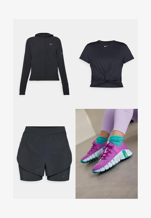 Černá kapucňová bunda s dlouhými rukávy, vyrobená z lehkého materiálu. Obsahuje přední zip, logo Nike a decentní designové akcenty.; Černé sportovní tričko vyrobené z hladkého materiálu, s uzlovým designem vpředu a malým bílým logem Nike na hrudi.; Černé sportovní šortky se vrstveným designem, s hladkým vnějším pláštěm a přiléhavými vnitřními šortkami. Vyrobené z lehké, pružné tkaniny.; Nike Performance Sportovní boty - hyper violet/laser orange/glacier blue/dusty cactus