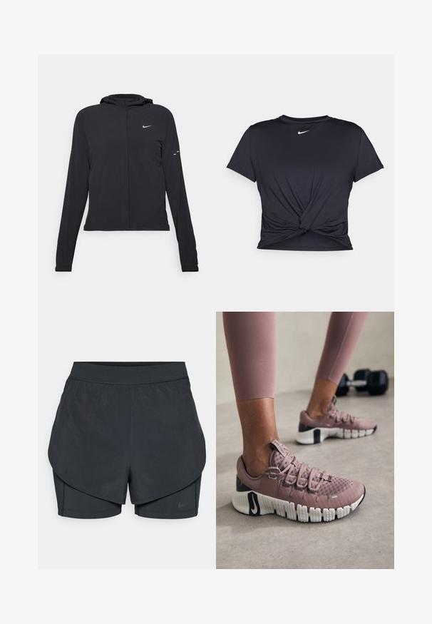 Črna kapuča s dolgimi rokavi, izdelana iz lahkega materiala. Ima sprednji zadrgo, logotip Nike in subtilne oblikovne detajle.; Črna atletska majica iz gladkega materiala, z vozlanim sprednjim delom in majhnim belim logotipom Nike na prsih.; Črne atletske kratke hlače z večplastnim dizajnom, ki vključuje gladko zunanjo plast in prilegnjene notranje kratke hlače. Narejene so iz lahkega, elastičnega materiala.; Oseba v mauve športnih čevljih in ujemajočih se legginah stoji na telovadnem tleh, z utežjo v ozadju.