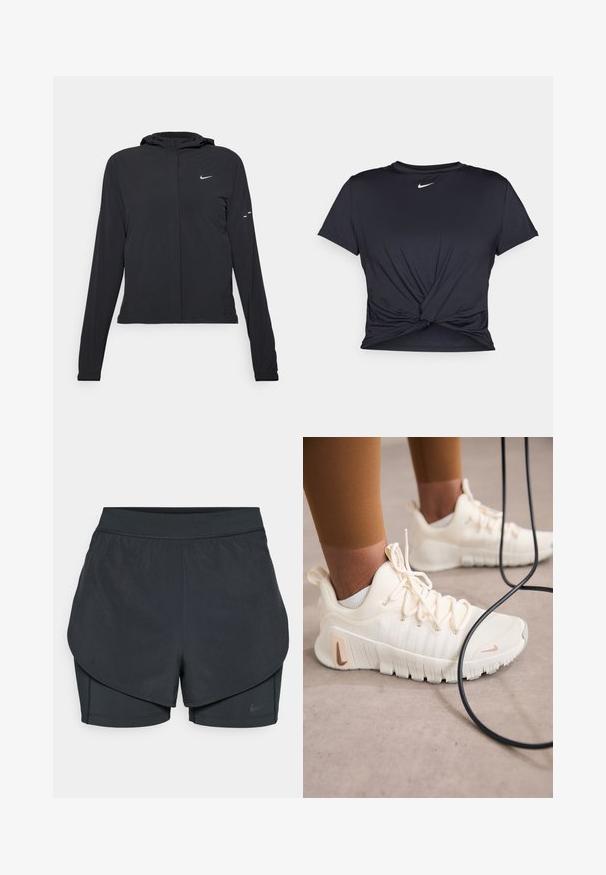 Černá kapucňová bunda s dlouhými rukávy, vyrobená z lehkého materiálu. Obsahuje přední zip, logo Nike a decentní designové akcenty.; Černé sportovní tričko vyrobené z hladkého materiálu, s uzlovým designem vpředu a malým bílým logem Nike na hrudi.; Černé sportovní šortky se vrstveným designem, s hladkým vnějším pláštěm a přiléhavými vnitřními šortkami. Vyrobené z lehké, pružné tkaniny.; Nike Performance FREE METCON 6 - Sportovní boty - pale ivory/metallic red bronze/guava ice/sail/phantom/light orewood brown