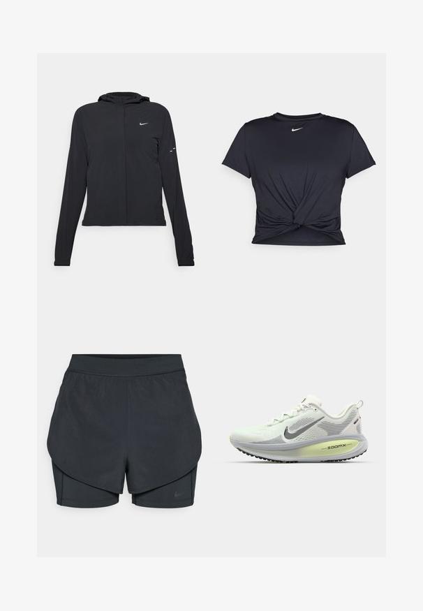 Must musta kapuutsiga jakk, millel on pikad varrukad ja mis on valmistatud kergetest materjalidest. Omab esitaskut, Nike logo ja kergelt silmatorkavaid disainiaktsente.; Mustmust musta sportlik T-särk, mis on valmistatud sujuvast kangast, millel on sõlmega esikülg ja väike valge Nike logo rinnal.; Mustad musta sportlikud lühikesed püksid kihilise disainiga, millel on sile välimine kiht ja istuvad sisepüksid. Valmistatud kergest, venivast kangast.; Nike Performance VOMERO 18 - Maanteejooksu jalatsid - summit white/black/barely volt/light silver/metallic silver