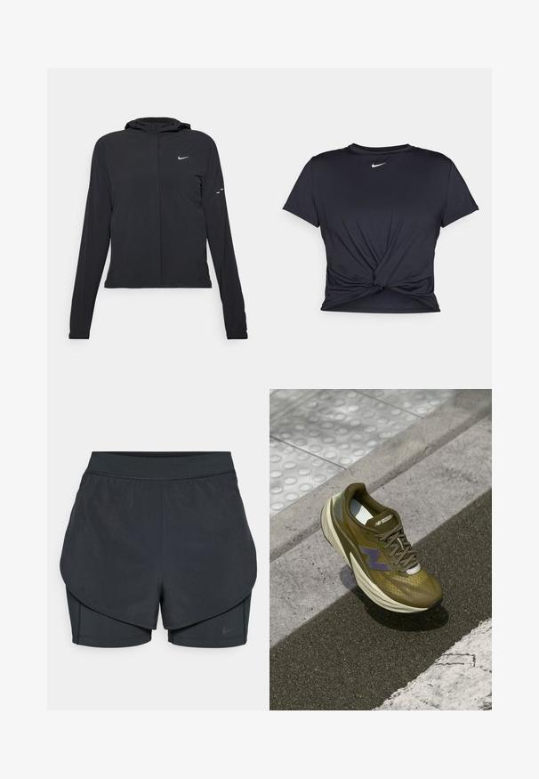 Giacca nera con cappuccio e maniche lunghe, realizzata in materiale leggero. Presenta una zip frontale, il logo Nike e accenti di design sottili.; Maglietta atletica nera realizzata in tessuto liscio, con un design anteriore annodato e un piccolo logo Nike bianco sul petto.; Shorts sportivi neri con un design a strati, caratterizzati da uno strato esterno morbido e da pantaloni interni aderenti. Realizzati in tessuto leggero e elasticizzato.; Scarpa sportiva verde oliva con una tomaia in mesh traspirante, intersuola ammortizzata, accentatura del logo in viola e suola in gomma testurizzata per una migliore aderenza.