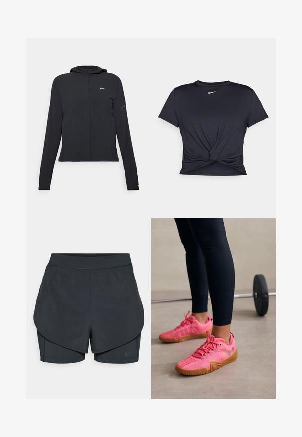 Črna kapuča s dolgimi rokavi, izdelana iz lahkega materiala. Ima sprednji zadrgo, logotip Nike in subtilne oblikovne detajle.; Črna atletska majica iz gladkega materiala, z vozlanim sprednjim delom in majhnim belim logotipom Nike na prsih.; Črne atletske kratke hlače z večplastnim dizajnom, ki vključuje gladko zunanjo plast in prilegnjene notranje kratke hlače. Narejene so iz lahkega, elastičnega materiala.; Roza športna obutev z teksturiranim mrežastim zgornjim delom, ojačanim prstom in gumijastim podplatom, v kombinaciji s črnimi oprijetimi leggingi.
