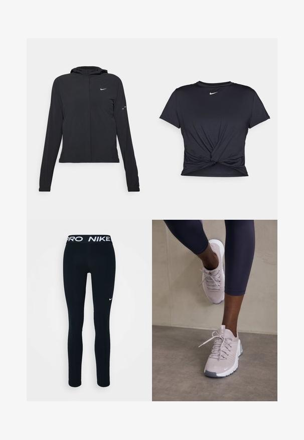 Chaqueta negra con capucha y mangas largas, hecha de un material ligero. Presenta un cierre frontal, un logo de Nike y acentos de diseño sutiles.; Camiseta atlética negra hecha de tela suave, con un diseño de nudo en la parte delantera y un pequeño logo blanco de Nike en el pecho.; Leggings negros de Nike con una cinturilla Pro, que incluyen un logo blanco en el muslo izquierdo. Fabricados con un tejido elástico, diseñados para ofrecer comodidad y libertad de movimiento.; Zapatillas deportivas en gris claro con un upper texturizado, cierre de cordones y suela blanca, combinadas con leggins oscuros. Diseño minimalista y acentos suaves.