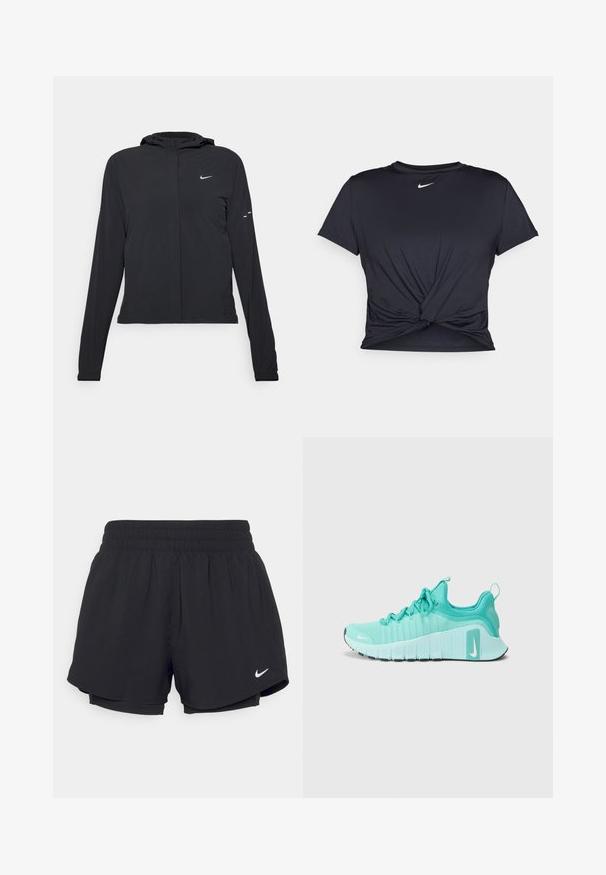 Črna kapuča s dolgimi rokavi, izdelana iz lahkega materiala. Ima sprednji zadrgo, logotip Nike in subtilne oblikovne detajle.; Črna atletska majica iz gladkega materiala, z vozlanim sprednjim delom in majhnim belim logotipom Nike na prsih.; Črne športne pantalone z nabranim elastičnim pasom, notranjo podlogo in belim Nike logotipom na spodnji levi strani. Gladka, lahka tkanina.; Tirasti Nike v teal barvi z belimi podplati, oblečeni z belimi Nike nogavicami, ki držijo črno vadbeno žogo na sivi tla.