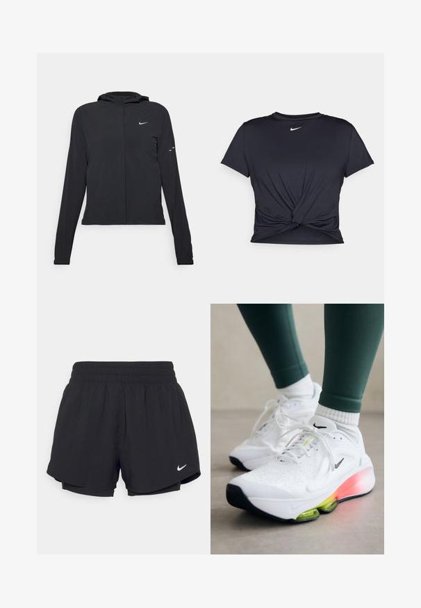 Fekete kapucnis dzseki hosszú ujjakkal, könnyű anyagból készült. Elülső cipzárral, Nike logóval és diszkrét dizájn elemekkel rendelkezik.; Fekete sportpóló sima anyagból, elöl megkötős dizájnnal, a mellkason egy kis fehér Nike logóval.; Fekete sportnadrág, gumírozott derékpánttal, belső béléssel és fehér Nike logóval az alsó bal oldalon. Similaire, könnyű anyag.; Nike Performance VERSAIR - Edzőcipő - white/cyber volt/black