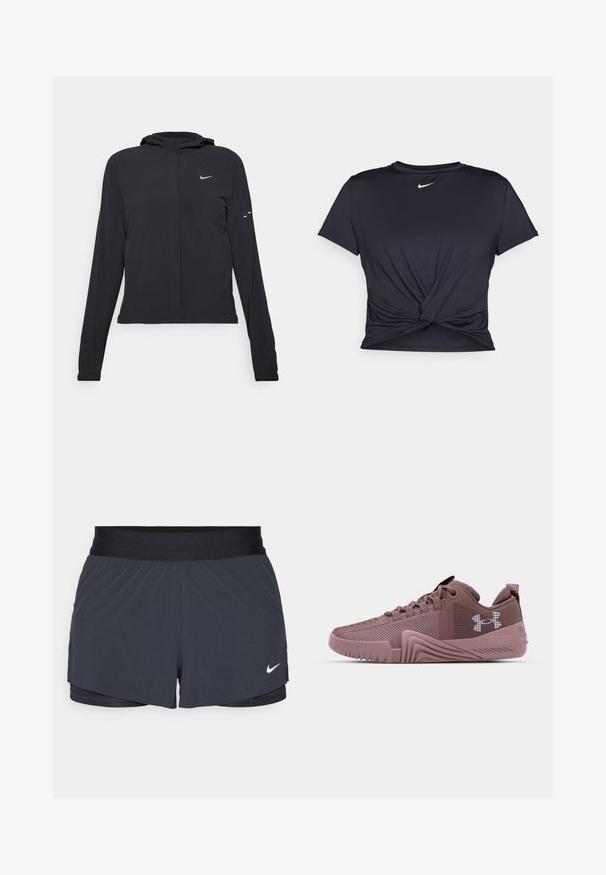 Black hooded jacket with long sleeves, made from lightweight material. Features a front zipper, a Nike logo, and subtle design accents.; Black athletic t-shirt made of smooth fabric, featuring a knotted front design and a small white Nike logo on the chest.; Black athletic shorts with an elastic waistband, featuring a layered design and a small white Nike logo on the lower left. Lightweight material.; Dark pink athletic shoes with textured mesh upper, rubber sole, and pronounced grip pattern; features logo on side and padded collar.