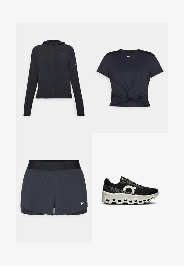 Schwarze Kapuzenjacke mit langen Ärmeln, aus leichtem Material gefertigt. Sie hat einen vorderen Reißverschluss, ein Nike-Logo und dezente Designelemente.; Schwarzes Sport-T-Shirt aus glattem Stoff, mit einem geknoteten Vorderdesign und einem kleinen weißen Nike-Logo auf der Brust.; Schwarze Sportshorts mit elastischem Bund, ausgestattet mit einem geschichteten Design und einem kleinen weißen Nike-Logo unten links. Leichtes Material.; Schwarzer Laufschuh mit einem strukturierten Mesh-Obermaterial, auffälligem weißen Logo und einer einzigartigen schwarz-weißen, geformten Sohle mit sechseckigen Ausschnitten.