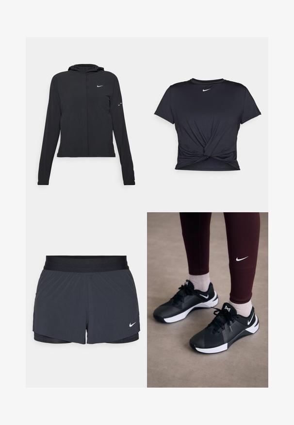 Crna jakna s kapuljačom i dugim rukavima, izrađena od laganog materijala. Ima prednji patentni zatvarač, Nike logo i suptilne dizajnerske detalje.; Crni trenirac s kratkim rukavima izrađen od glatkog materijala, s čvorastim dizajnom sprijeda i malim bijelim Nike logotipom na prsima.; Crne atletske kratke hlače s elastičnom stražnjicom, imaju slojeviti dizajn i mali bijeli Nike logo na donjoj lijevoj strani. Lagani materijal.; Crne atletske cipele s teksturiranim gornjim dijelom i bijelim naglascima, opremljene vezicama i logotipom sa strane. Nosene s maroon tajicama i svijetlim čarapama.