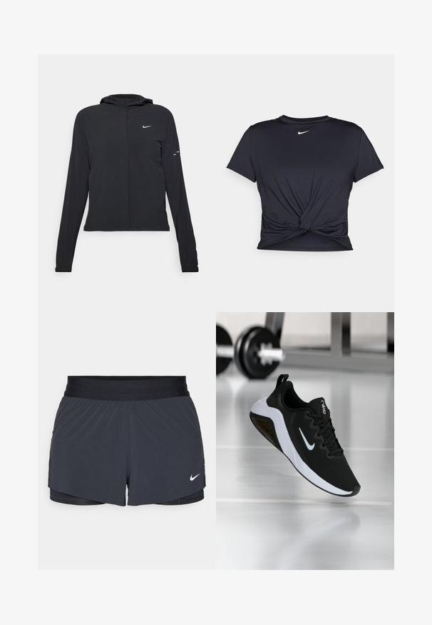 Sort hættetrøje med lange ærmer, lavet af letvægtsmateriale. Har en frontlynlås, et Nike-logo og subtile designaccenter.; Sort atletisk t-shirt lavet af glat stof, med et knyttet frontdesign og et lille hvidt Nike-logo på brystet.; Sort træningsshorts med elastisk talje, der har et lagdelt design og et lille hvidt Nike-logo nederst til venstre. Letvægtsmateriale.; Sort sportssko med et mesh-overdel, hvid sål og Nike-logo. Har en rund tå og strukturerede detaljer. Svævende over et gymnastikgulv.