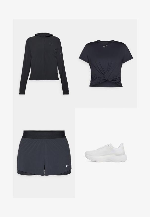 Giacca nera con cappuccio e maniche lunghe, realizzata in materiale leggero. Presenta una zip frontale, il logo Nike e accenti di design sottili.; Maglietta atletica nera realizzata in tessuto liscio, con un design anteriore annodato e un piccolo logo Nike bianco sul petto.; Pantaloni sportivi neri con vita elastica, caratterizzati da un design a strati e un piccolo logo Nike bianco in basso a sinistra. Materiale leggero.; Scarpa sportiva bianca con tomaia in rete testurizzata, collare imbottito, suola ammortizzata e design minimalista con dettagli tonali.