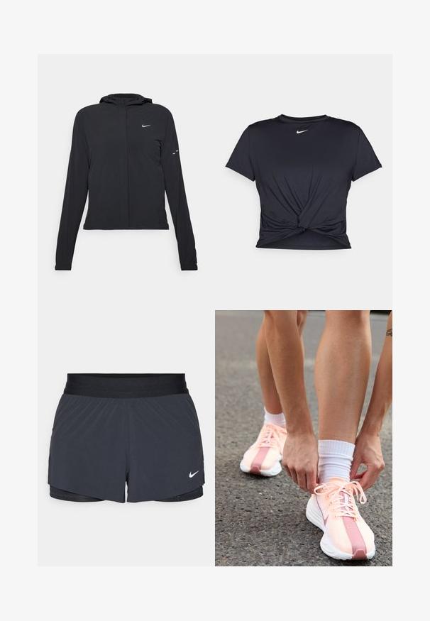 Giacca nera con cappuccio e maniche lunghe, realizzata in materiale leggero. Presenta una zip frontale, il logo Nike e accenti di design sottili.; Maglietta atletica nera realizzata in tessuto liscio, con un design anteriore annodato e un piccolo logo Nike bianco sul petto.; Pantaloni sportivi neri con vita elastica, caratterizzati da un design a strati e un piccolo logo Nike bianco in basso a sinistra. Materiale leggero.; Nike Performance PEGASUS PLUS - Scarpe da corsa su strada - crimson tint/white/pure platinum/red stardust/vast grey