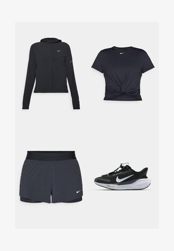 Svart hettegenser med lange ermer, laget av lett materiale. Har glidelås foran, Nike-logo og subtile design detaljer.; Svart trenings T-skjorte laget av glatt stoff, med en knyttet frontdesign og en liten hvit Nike-logo på brystet.; Sorte treningshorts med elastisk midjebånd, med lagdelt design og liten hvit Nike-logo på nederste venstre side. Lett materiale.; Sorte idrettssko med teksturert overdel, kontrasterende hvit logo og en polstret hvit såle. Har et hurtiglås-system for enkel bruk.