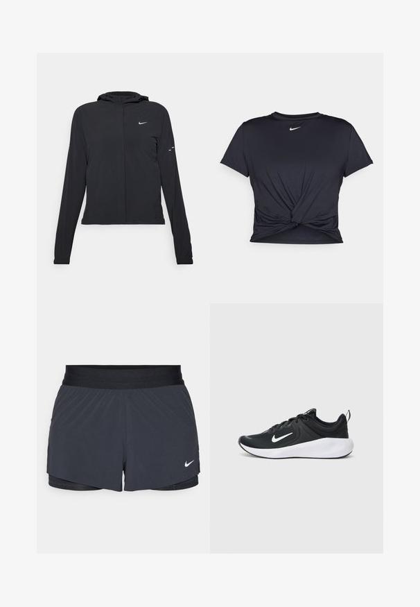 Giacca nera con cappuccio e maniche lunghe, realizzata in materiale leggero. Presenta una zip frontale, il logo Nike e accenti di design sottili.; Maglietta atletica nera realizzata in tessuto liscio, con un design anteriore annodato e un piccolo logo Nike bianco sul petto.; Pantaloni sportivi neri con vita elastica, caratterizzati da un design a strati e un piccolo logo Nike bianco in basso a sinistra. Materiale leggero.; Scarpa sportiva nera con tomaia in tessuto traspirante, logo swoosh bianco, suola intermedia bianca liscia e suola esterna nera testurizzata.