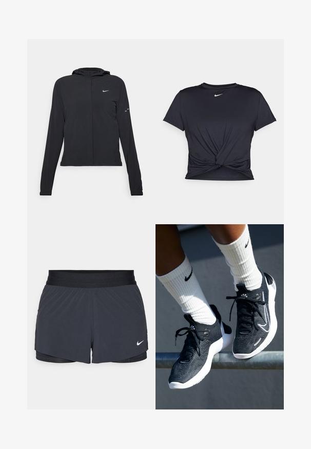 Jachetă neagră cu glugă, cu mâneci lungi, fabricată din material ușor. Dispune de un fermoar frontal, un logo Nike și accente de design subtile.; Tricou sport negru din material neted, cu un design frontal legat și un mic logo Nike alb pe piept.; Shorts atletici negri, cu un elastic la talie, având un design stratificat și un mic logo alb Nike în partea stângă jos. Material ușor.; Adidași negri cu un superior din tricot texturat, talpă intermediară albă și șireturi negre. Purtați cu șosete albe cu nervuri care au un logo.