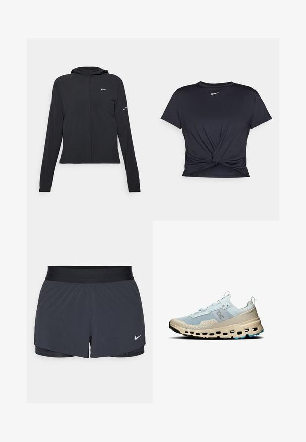 Mustassa hupparissa on pitkät hihat, ja se on valmistettu kevyestä materiaalista. Siinä on edessä vetoketju, Nike-logo ja hillityt muotoiluyksityiskohdat.; Musta urheilu T-paita, joka on valmistettu sileästä kankaasta, jossa on solmittu etuosa ja pieni valkoinen Nike-logo rinnassa.; Mustat urheilushortsit, joissa on joustava vyötärö. Shortseissa on kerroksellinen muotoilu ja pieni valkoinen Nike-logo vasemmassa alareunassa. Kevyt materiaali.; Vaaleansininen verkkomateriaali juoksukenkä beigeillä yksityiskohdilla, teksturoitu pinta, erottuvat välikannan leikkaukset ja kontrastivärinen musta pohja.