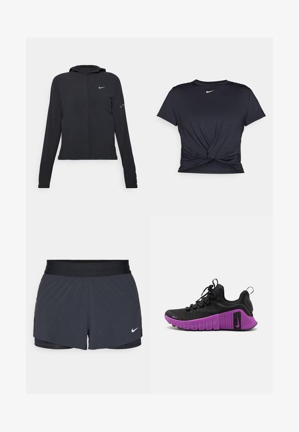 Casaco preto com capuz e mangas longas, feito de material leve. Apresenta um fecho dourado na frente, um logótipo da Nike e detalhes de design subtis.; T-shirt atlético preto feito de tecido liso, apresentando um design frontal com nó e um pequeno logótipo branco da Nike no peito.; Calças curtas de atletismo pretas com um cós elástico, apresentando um design em camadas e um pequeno logótipo da Nike em branco no canto inferior esquerdo. Material leve.; Sapatilha desportiva preta com parte superior em tecido texturizado, sola de borracha roxa e padrão de tração espesso. Apresenta atacadores e um pequeno logotipo da Nike.
