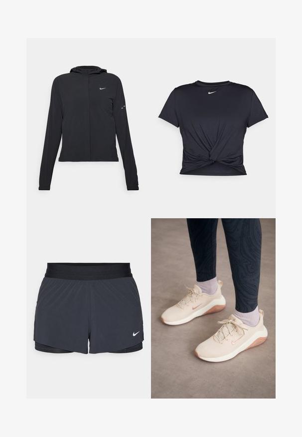Mustassa hupparissa on pitkät hihat, ja se on valmistettu kevyestä materiaalista. Siinä on edessä vetoketju, Nike-logo ja hillityt muotoiluyksityiskohdat.; Musta urheilu T-paita, joka on valmistettu sileästä kankaasta, jossa on solmittu etuosa ja pieni valkoinen Nike-logo rinnassa.; Mustat urheilushortsit, joissa on joustava vyötärö. Shortseissa on kerroksellinen muotoilu ja pieni valkoinen Nike-logo vasemmassa alareunassa. Kevyt materiaali.; Beige urheilukengät, joissa on verkkomateriaalia, vaaleanpunainen yksityiskohta kannassa ja valkoinen pohja. Yhdistetty tummiin, kuvioituihin leggings-housuihin.