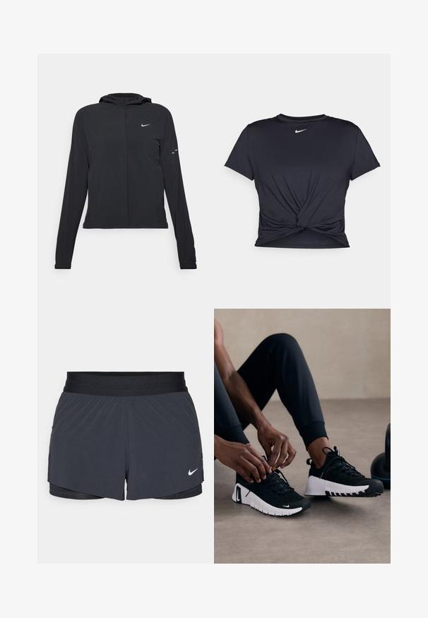 Juodas gobtuvas striukė su ilgomis rankovėmis, pagaminta iš lengvo audinio. Pasižymi priekiniais užtrauktukais, Nike logotipu ir subtiliais dizaino akcentais.; Juodas sportinis marškinėlis, pagamintas iš lygios medžiagos, su surišta priekiu ir mažu baltu Nike logotipu ant krūtinės.; Juodos sportinės šortai su elastine talija, turintys sluoksniuotą dizainą ir mažą baltą Nike logotipą kairiajame apačioje. Lengvas audinys.; Juodi sportiniai batai su tekstūruotu juodu viršumi, baltu padu ir guminiais protektoriais. Šniūrelės surištos, parodydamos elegantišką dizainą ir logotipą.