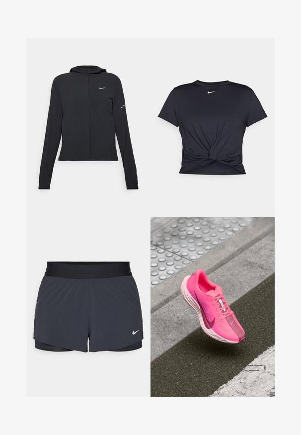 Jachetă neagră cu glugă, cu mâneci lungi, fabricată din material ușor. Dispune de un fermoar frontal, un logo Nike și accente de design subtile.; Tricou sport negru din material neted, cu un design frontal legat și un mic logo Nike alb pe piept.; Shorts atletici negri, cu un elastic la talie, având un design stratificat și un mic logo alb Nike în partea stângă jos. Material ușor.; Pantofii sport Nike de culoare roz vibrantă, cu parte superioară din plasă, guler captușit, talpă intermediară albă și vârf de culoare roz închis cu detalii de swoosh contrastante.