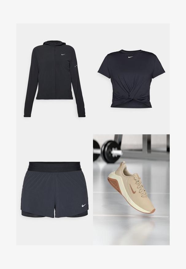 Černá kapucňová bunda s dlouhými rukávy, vyrobená z lehkého materiálu. Obsahuje přední zip, logo Nike a decentní designové akcenty.; Černé sportovní tričko vyrobené z hladkého materiálu, s uzlovým designem vpředu a malým bílým logem Nike na hrudi.; Černé sportovní kraťasy s elastickým pasem, které mají vrstvený design a malé bílé logo Nike na dolním levém rohu. Lehce materiál.; Beige sportovní obuv s texturovaným síťovaným svrškem, světlou mezipodrážkou a kontrastní hnědou podrážkou, s decentním logem na boku.