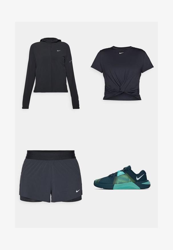 Svart hettegenser med lange ermer, laget av lett materiale. Har glidelås foran, Nike-logo og subtile design detaljer.; Svart trenings T-skjorte laget av glatt stoff, med en knyttet frontdesign og en liten hvit Nike-logo på brystet.; Sorte treningshorts med elastisk midjebånd, med lagdelt design og liten hvit Nike-logo på nederste venstre side. Lett materiale.; Marineblå og aqua atletikk-sko med en teksturert mesh-overdel, med et grønt gradientmønster og en dempet såle. Nike swoosh-logo på hælen.