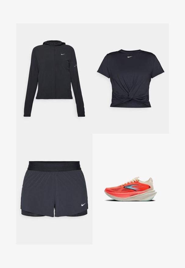 Must musta kapuutsiga jakk, millel on pikad varrukad ja mis on valmistatud kergetest materjalidest. Omab esitaskut, Nike logo ja kergelt silmatorkavaid disainiaktsente.; Mustmust musta sportlik T-särk, mis on valmistatud sujuvast kangast, millel on sõlmega esikülg ja väike valge Nike logo rinnal.; Mustad must sportlikud lühikesed püksid, millel on elastne vöökoht, kihiline disain ja väike valge Nike logo vasakul all. Kerge materjal.; Brooks Hyperion Max jooksujalats heledas korall- ja kreemitoonis, millel on hingav võrgusilm pealmine osa, lai vahtpadi ja helesinised tallasuletused.