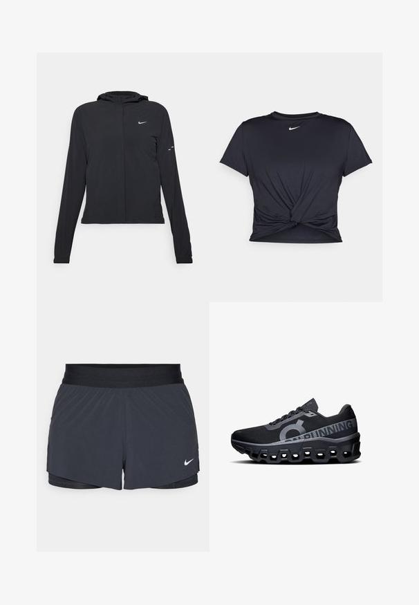 Mustassa hupparissa on pitkät hihat, ja se on valmistettu kevyestä materiaalista. Siinä on edessä vetoketju, Nike-logo ja hillityt muotoiluyksityiskohdat.; Musta urheilu T-paita, joka on valmistettu sileästä kankaasta, jossa on solmittu etuosa ja pieni valkoinen Nike-logo rinnassa.; Mustat urheilushortsit, joissa on joustava vyötärö. Shortseissa on kerroksellinen muotoilu ja pieni valkoinen Nike-logo vasemmassa alareunassa. Kevyt materiaali.; Mustat juoksukengät, joissa on teksturoitu verkko päällinen, jossa on näkyvä logo ja heijastavat yksityiskohdat. Paksu vaahtopohja, jossa on kuusikulmaisia aukkoja.