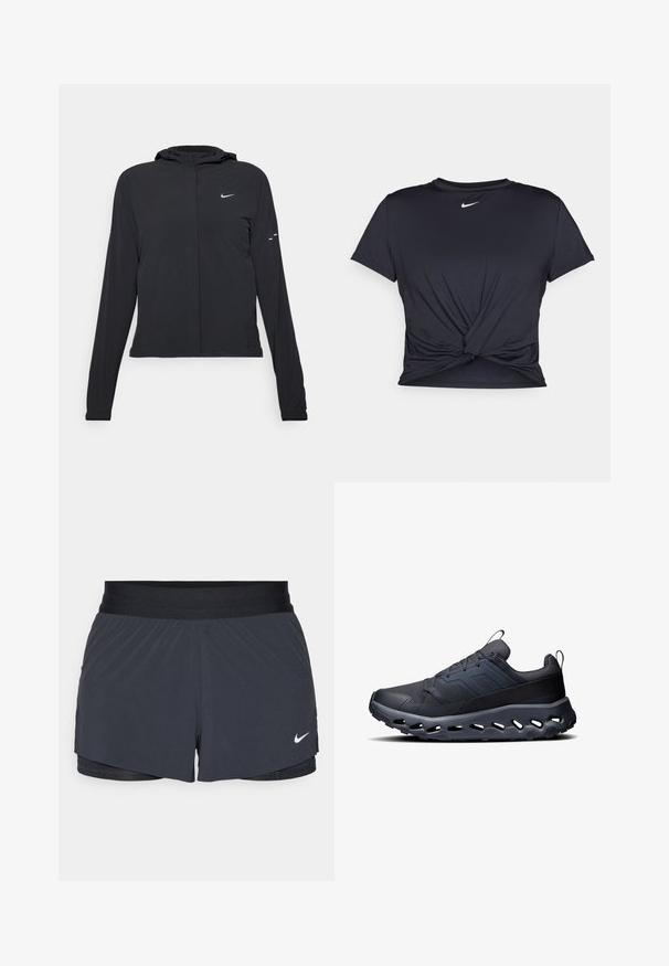 Chaqueta negra con capucha y mangas largas, hecha de un material ligero. Presenta un cierre frontal, un logo de Nike y acentos de diseño sutiles.; Camiseta atlética negra hecha de tela suave, con un diseño de nudo en la parte delantera y un pequeño logo blanco de Nike en el pecho.; Shorts deportivos negros con cintura elástica, que presentan un diseño en capas y un pequeño logo blanco de Nike en la parte inferior izquierda. Material ligero.; Zapatillas deportivas negras con una parte superior de malla texturizada, acentos elevados y una suela gruesa y acolchada que cuenta con orificios para flexibilidad y ventilación.
